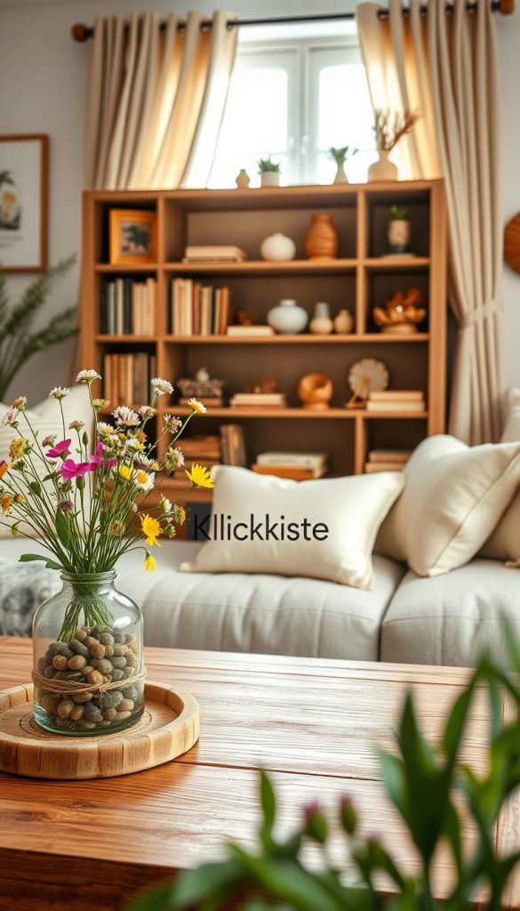 A cozy, stylish living room decorated sustainably for spring, featuring a small indoor plant arrangement on a wooden coffee table and eco-friendly decorations in warm, inviting colors. In the foreground, include a handcrafted vase made from recycled materials, filled with fresh wildflowers. The middle of the image showcases a charming bookshelf lined with upcycled decor and natural elements, such as stones and driftwood. In the background, soft, natural light spills through a window adorned with curtains made from organic fabrics, creating a bright, uplifting atmosphere. The overall composition should evoke a Pinterest-inspired, authentic feel, highlighting sustainability with a touch of elegance. The brand name "KlickKiste" subtly incorporated in a decorative element within the scene.