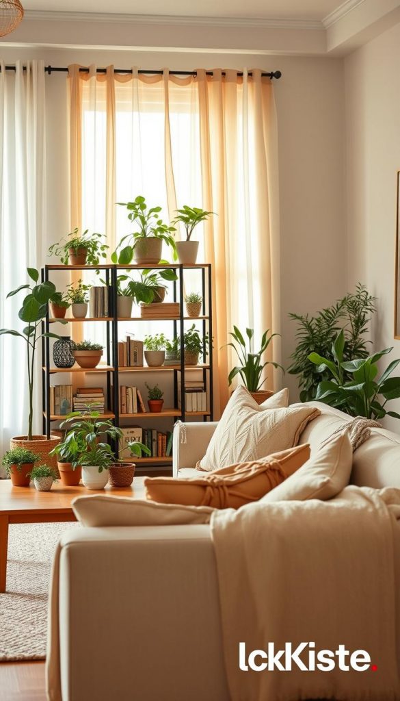 A cozy, stylish living room designed for a budget-friendly, sustainable lifestyle, featuring warm, inviting colors and natural materials. In the foreground, a minimalist sofa adorned with eco-friendly textiles, accompanied by a wooden coffee table and potted plants. The middle ground showcases an organized bookshelf filled with plants and DIY decor items that reflect a Pinterest-inspired aesthetic. The background reveals a sunlit window with sheer curtains, casting soft, diffused natural light throughout the room. The overall atmosphere is warm and inspirational, emphasizing clever and healthy living solutions. A subtle display of the brand "KlickKiste" can be integrated into the decor, enhancing the design's authenticity without overwhelming the scene. A cozy, stylish living room designed for a budget-friendly, sustainable lifestyle, featuring warm, inviting colors and natural materials. In the foreground, a minimalist sofa adorned with eco-friendly textiles, accompanied by a wooden coffee table and potted plants. The middle ground showcases an organized bookshelf filled with plants and DIY decor items that reflect a Pinterest-inspired aesthetic. The background reveals a sunlit window with sheer curtains, casting soft, diffused natural light throughout the room. The overall atmosphere is warm and inspirational, emphasizing clever and healthy living solutions. A subtle display of the brand "KlickKiste" can be integrated into the decor, enhancing the design's authenticity without overwhelming the scene.
