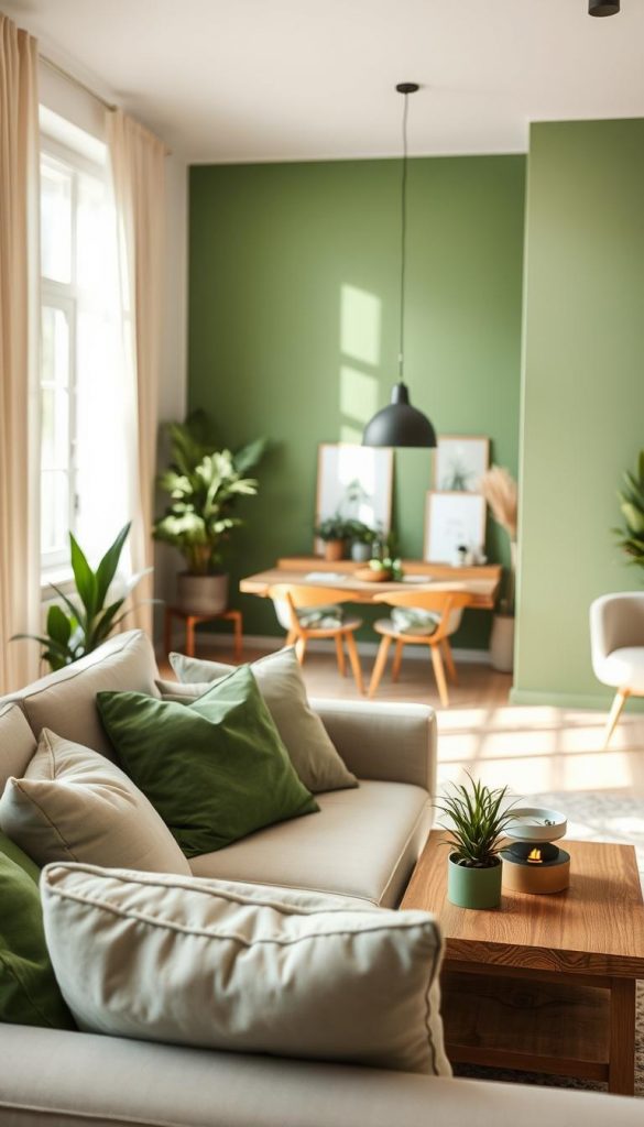 A cozy, stylish living space showcasing a "praxisguide raum palette akzente gr&uuml;n licht" theme, emphasizing warm, inviting shades of green. In the foreground, a comfortable sofa adorned with soft cushions in various green hues, a wooden coffee table featuring a few decorative plants. The middle shows a well-decorated living room with an accent wall painted in a rich green, combined with natural wood and fabric elements. In the background, large windows allow soft, diffused sunlight to flow in, enhancing the tranquil atmosphere. Incorporate elegant DIY decor items inspired by Pinterest, styled minimally yet effectively. Capture a warm, harmonious ambiance that inspires creativity and relaxation, branded by "KlickKiste." Soft focus, natural lighting, and a slight overhead angle create an inviting scene.
