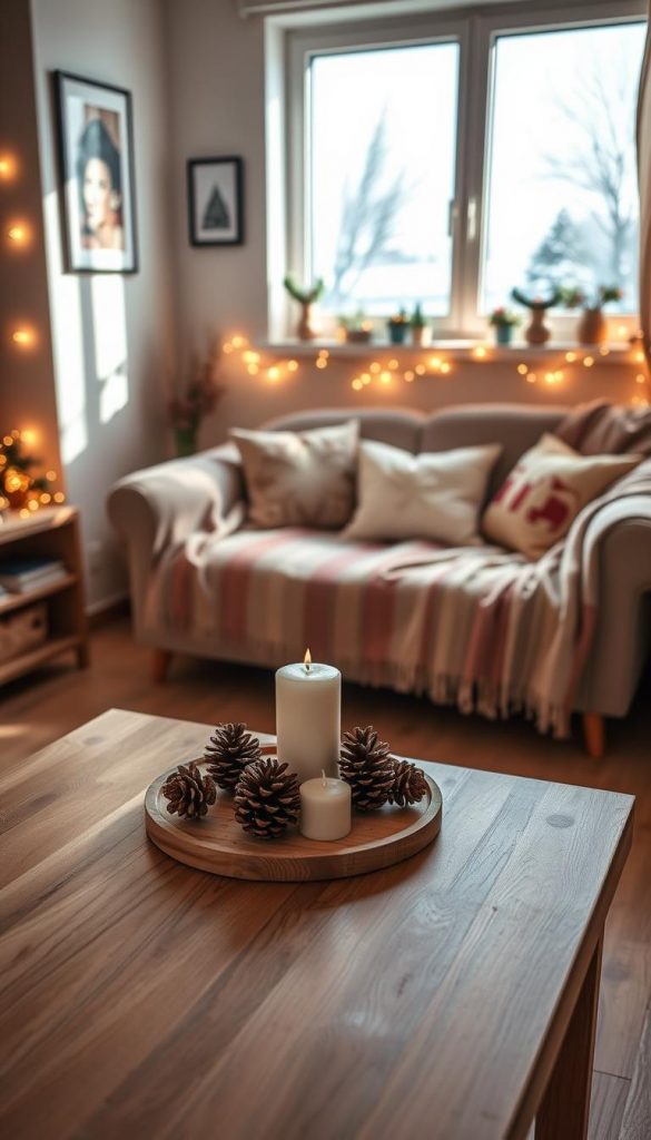 A cozy, stylish rental apartment decorated for the Christmas season, featuring warm colors that reflect 2026 trends. In the foreground, a small wooden table holds a simple, elegant centerpiece with pinecones and candles. The middle layer showcases a softly lit living room with a comfortable sofa covered in a festive throw and decorative pillows, surrounded by wall art and twinkling fairy lights. In the background, a window reveals a gentle snowy landscape outside, creating a warm and inviting atmosphere. Natural light streams in, casting soft shadows that enhance the inviting mood. The image embodies a DIY aesthetic with a Pinterest-inspired look, representing the brand "KlickKiste" with creative yet budget-friendly decoration ideas.