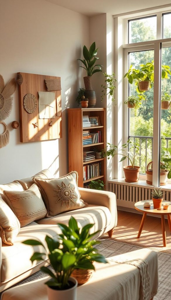 A cozy, stylish rental apartment featuring natural wall decor emphasizing earthy materials like reclaimed wood, woven textiles, and potted plants. In the foreground, a beautifully arranged living room with a comfortable sofa adorned with handmade pillows, a small coffee table displaying natural decorative elements, and a wall featuring art made from eco-friendly materials. The middle ground highlights a bookshelf filled with books and plants, creating a warm, inviting atmosphere. Soft, warm lighting filters through large windows, casting gentle shadows. The background showcases a view of a verdant balcony with hanging planters filled with greenery. Overall, the mood is serene and inspiring, reflecting the brand "KlickKiste" with a Pinterest aesthetic of authentic, natural DIY decor.