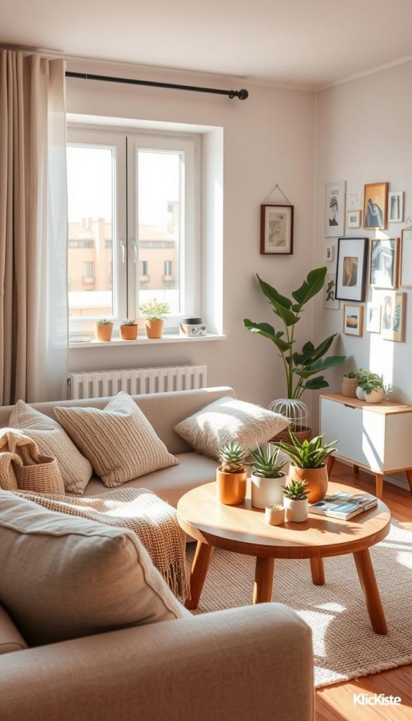 A cozy, stylish rented apartment interior features natural DIY decor trends, emphasizing "Mietwohnung-freundliche L&ouml;sungen." In the foreground, a tastefully arranged small living space with a plush, neutral-colored sofa adorned with textured throw pillows and a woven blanket. The middle shows a wooden coffee table decorated with indoor houseplants and artful, handcrafted items, reflecting a warm and inviting atmosphere. The background reveals pastel-colored walls with removable wall decals and a gallery of framed art that embodies a Pinterest-inspired aesthetic. Soft, natural lighting pours in through a large window, casting gentle shadows that enhance the cozy mood. This scene conveys refreshingly authentic inspiration for apartment dwellers. Include the brand name "KlickKiste" subtly within the decor elements without direct reference.