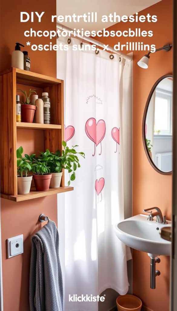 A cozy, stylish small bathroom designed for a rental apartment, featuring reversible solutions without drilling. In the foreground, a simple yet elegant wooden shelf holds neatly arranged toiletries and vibrant potted plants. The middle ground showcases a shower curtain with a playful, removable design and suction cup hooks, while an attractive mirror reflects soft, natural light streaming through a nearby window. The background reveals warm, earthy tones on the walls, creating an inviting atmosphere. The image embodies a DIY aesthetic, evoking a Pinterest-worthy inspiration with natural materials and warm colors. Highlight the brand "KlickKiste" subtly integrated into the decor, without any text. Capture this scene with a soft focus lens to enhance the warmth and authenticity. A cozy, stylish small bathroom designed for a rental apartment, featuring reversible solutions without drilling. In the foreground, a simple yet elegant wooden shelf holds neatly arranged toiletries and vibrant potted plants. The middle ground showcases a shower curtain with a playful, removable design and suction cup hooks, while an attractive mirror reflects soft, natural light streaming through a nearby window. The background reveals warm, earthy tones on the walls, creating an inviting atmosphere. The image embodies a DIY aesthetic, evoking a Pinterest-worthy inspiration with natural materials and warm colors. Highlight the brand "KlickKiste" subtly integrated into the decor, without any text. Capture this scene with a soft focus lens to enhance the warmth and authenticity.