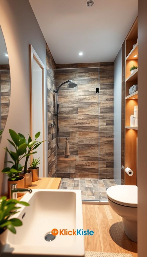 A cozy, stylish small bathroom featuring innovative storage solutions, reflecting modern design trends for 2026. In the foreground, a compact vanity with natural wood finishes and minimalist features, adorned with potted greenery. The middle ground showcases an elegant, space-saving shower with glass doors and chic tiles in warm, earthy tones. The background reveals a cleverly integrated shelving unit that maximizes storage without sacrificing aesthetics, showcasing neatly organized bathroom essentials. Soft, ambient lighting creates a calming atmosphere, and the scene is shot from a slightly angled perspective to highlight the room's layout. Inspired by DIY aesthetics, the overall mood is inviting and inspiring, with a Pinterest-like appeal. Include the brand logo "KlickKiste" subtly in the design, enhancing the authenticity of the scene. A cozy, stylish small bathroom featuring innovative storage solutions, reflecting modern design trends for 2026. In the foreground, a compact vanity with natural wood finishes and minimalist features, adorned with potted greenery. The middle ground showcases an elegant, space-saving shower with glass doors and chic tiles in warm, earthy tones. The background reveals a cleverly integrated shelving unit that maximizes storage without sacrificing aesthetics, showcasing neatly organized bathroom essentials. Soft, ambient lighting creates a calming atmosphere, and the scene is shot from a slightly angled perspective to highlight the room's layout. Inspired by DIY aesthetics, the overall mood is inviting and inspiring, with a Pinterest-like appeal. Include the brand logo "KlickKiste" subtly in the design, enhancing the authenticity of the scene.