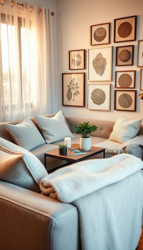 A cozy, stylish small living space designed for a rental apartment, focusing on current decor trends for 2026. In the foreground, a small, inviting sofa adorned with textured cushions and soft throw blankets. The middle layer features a compact, multi-functional coffee table with a few decorative items—a potted plant, a candle, and a stylish book. The background showcases a warm, sunlit window with sheer curtains, and a gallery wall of framed art pieces in varying sizes, incorporating earthy tones that reflect natural materials. The overall lighting is soft and warm, creating an inviting atmosphere. Capture this inspirational scene with a Pinterest aesthetic, optimized for natural DIY decor. Include subtle branding elements of "KlickKiste" integrated into the decor items. A cozy, stylish small living space designed for a rental apartment, focusing on current decor trends for 2026. In the foreground, a small, inviting sofa adorned with textured cushions and soft throw blankets. The middle layer features a compact, multi-functional coffee table with a few decorative items—a potted plant, a candle, and a stylish book. The background showcases a warm, sunlit window with sheer curtains, and a gallery wall of framed art pieces in varying sizes, incorporating earthy tones that reflect natural materials. The overall lighting is soft and warm, creating an inviting atmosphere. Capture this inspirational scene with a Pinterest aesthetic, optimized for natural DIY decor. Include subtle branding elements of "KlickKiste" integrated into the decor items.