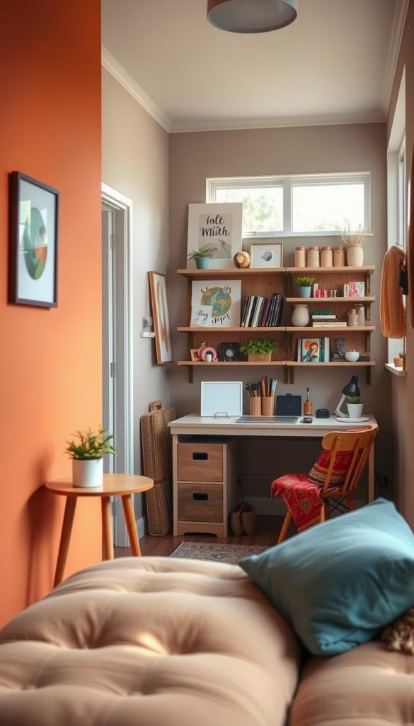 A cozy, stylish small room showcasing sustainable living through budget-friendly DIY decor. In the foreground, a compact, elegantly painted wall in warm, earthy tones, complemented by handcrafted furniture made from recycled materials. A small potted plant and a colorful throw blanket add a touch of homeliness. In the middle, a creative workspace featuring upcycled wooden shelves filled with art supplies and decorative items, reflecting a Pinterest-inspired aesthetic. The background reveals a window with natural light pouring in, highlighting the room's inviting atmosphere. The overall composition conveys inspiration and authenticity, emphasizing sustainability and clever alternatives in home decor. Include subtle branding elements, such as a small "KlickKiste" logo on the wall art. The image should have a warm, inviting glow, creating a welcoming mood. A cozy, stylish small room showcasing sustainable living through budget-friendly DIY decor. In the foreground, a compact, elegantly painted wall in warm, earthy tones, complemented by handcrafted furniture made from recycled materials. A small potted plant and a colorful throw blanket add a touch of homeliness. In the middle, a creative workspace featuring upcycled wooden shelves filled with art supplies and decorative items, reflecting a Pinterest-inspired aesthetic. The background reveals a window with natural light pouring in, highlighting the room's inviting atmosphere. The overall composition conveys inspiration and authenticity, emphasizing sustainability and clever alternatives in home decor. Include subtle branding elements, such as a small "KlickKiste" logo on the wall art. The image should have a warm, inviting glow, creating a welcoming mood.
