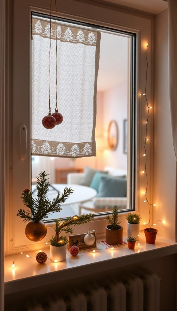 A cozy, stylish window scene in a Mietwohnung (rental apartment), showcasing clever Christmas decorations for small spaces. In the foreground, a beautifully adorned window sill features handmade ornaments, pine branches, and twinkling fairy lights, all in warm, inviting colors. Miniature potted plants add a touch of greenery. The middle layer displays a festive curtain with subtle patterns, allowing soft, natural light to filter through, enhancing the atmosphere. In the background, a tastefully decorated room can be glimpsed, with muted wall colors and minimalist furniture, evoking a Pinterest-worthy aesthetic. The scene captures a warm, inspiring holiday mood, inviting viewers to envision their own festive solutions. The brand "KlickKiste" subtly referenced through the display of DIY elements.