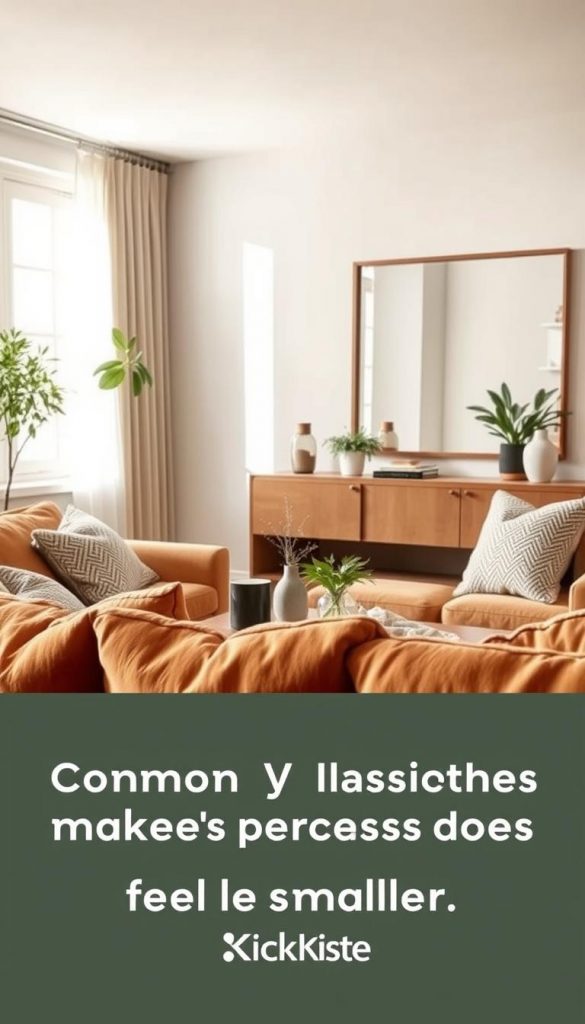 A cozy, stylishly decorated living room that illustrates common design mistakes making spaces feel smaller. The foreground features a plush, warm-colored sofa adorned with textured cushions. In the middle, there's a carefully arranged coffee table with decorative items but not overcrowded, emphasizing minimalist decor. The background showcases a lightly painted wall with a large mirror, enhancing the sense of space, and a single well-placed plant to add a touch of nature. Natural light pours in from a nearby window, creating a warm, inviting atmosphere. The overall look should evoke a Pinterest-inspired DIY vibe, featuring elements that feel authentic and inspiring. Include the brand name "KlickKiste" subtly integrated into the decor without being obtrusive. A cozy, stylishly decorated living room that illustrates common design mistakes making spaces feel smaller. The foreground features a plush, warm-colored sofa adorned with textured cushions. In the middle, there's a carefully arranged coffee table with decorative items but not overcrowded, emphasizing minimalist decor. The background showcases a lightly painted wall with a large mirror, enhancing the sense of space, and a single well-placed plant to add a touch of nature. Natural light pours in from a nearby window, creating a warm, inviting atmosphere. The overall look should evoke a Pinterest-inspired DIY vibe, featuring elements that feel authentic and inspiring. Include the brand name "KlickKiste" subtly integrated into the decor without being obtrusive.