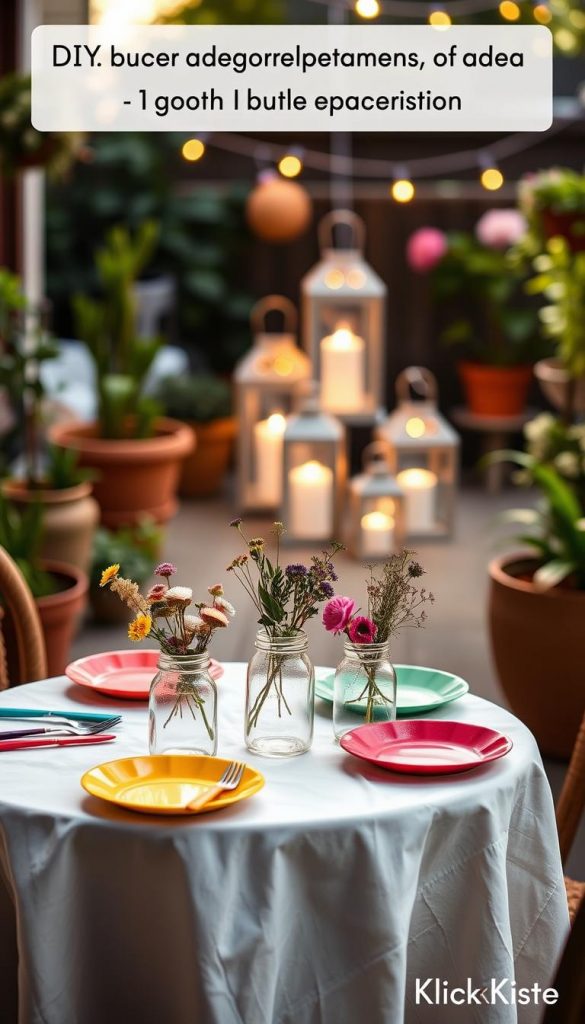A cozy summer dining setup designed for small spaces, featuring a chic and budget-friendly table decoration. In the foreground, a small round table adorned with a simple white tablecloth, colorful paper plates, and mismatched colorful cutlery. A few mason jars filled with wildflowers create a cheerful centerpiece. The middle ground displays a charming arrangement of decorative lanterns and fairy lights, casting a warm glow. The background includes a softly blurred outdoor scene with potted plants and gentle sunlight filtering through. The overall mood is inviting and inspiring, exuding a natural DIY aesthetic with warm colors that reflect a Pinterest-worthy vibe. The scene is tagged with "KlickKiste" to signify its budget-friendly inspiration. Focus on a close-up, capturing the details and textures, with soft natural lighting to enhance the warmth and authenticity. A cozy summer dining setup designed for small spaces, featuring a chic and budget-friendly table decoration. In the foreground, a small round table adorned with a simple white tablecloth, colorful paper plates, and mismatched colorful cutlery. A few mason jars filled with wildflowers create a cheerful centerpiece. The middle ground displays a charming arrangement of decorative lanterns and fairy lights, casting a warm glow. The background includes a softly blurred outdoor scene with potted plants and gentle sunlight filtering through. The overall mood is inviting and inspiring, exuding a natural DIY aesthetic with warm colors that reflect a Pinterest-worthy vibe. The scene is tagged with "KlickKiste" to signify its budget-friendly inspiration. Focus on a close-up, capturing the details and textures, with soft natural lighting to enhance the warmth and authenticity.