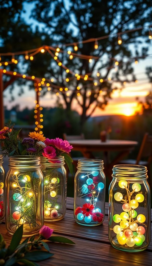A cozy summer evening scene featuring beautifully crafted DIY summer lanterns in mason jars, glowing softly with warm, inviting light. In the foreground, several jars are filled with vibrant wildflowers, twinkling fairy lights, and colorful marbles, all radiating a gentle illumination. The middle ground showcases a wooden table set outside, surrounded by lush greenery and delicate fairy lights draped overhead, creating a magical atmosphere. In the background, a soft sunset casts a golden hue across the sky, enhancing the warmth of the scene. The image embodies a Pinterest-inspired aesthetic, with natural elements and warm colors that evoke feelings of nostalgia and community. Designed for KlickKiste, this image should radiate inspiration and warmth without any text or distractions, focusing solely on the enchanting beauty of summer lanterns.