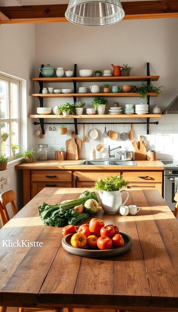 A cozy summer kitchen featuring a blend of Scandinavian, Boho, and Industrial styles. In the foreground, a wooden farmhouse table adorned with fresh vegetables and artisan ceramics, reflecting a warm and inviting atmosphere. The middle ground showcases rustic open shelving filled with colorful dishes, plants, and various kitchen tools, seamlessly integrating DIY decor elements. The background is illuminated by natural light streaming through large windows, highlighting a minimalist but elegant kitchen design. Soft, warm colors dominate the palette, with hints of green from potted herbs. The overall mood is authentic, inspiring, and refreshing, perfect for a summer setting. This scene is aligned with the brand "KlickKiste," emphasizing creativity in kitchen decor.