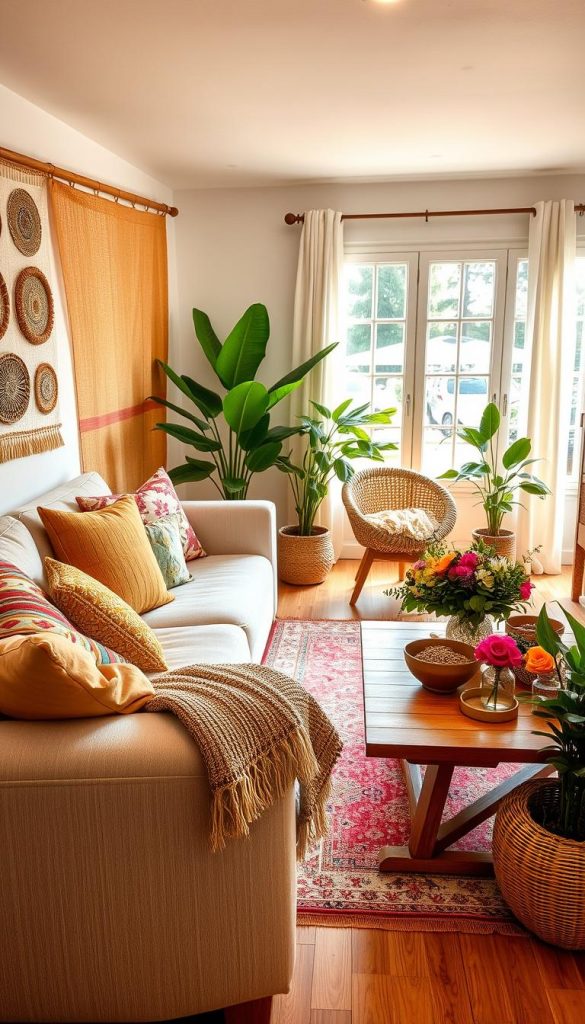 A cozy summer living room decorated with warm, inviting colors and natural DIY elements, showcasing a harmonious blend of comfort and creativity. In the foreground, a plush, light-colored sofa adorned with colorful throw pillows and a soft, woven blanket. To the side, a stylish wooden coffee table is adorned with fresh flowers and artisanal decor. In the middle, a bright area rug complements the overall color palette, while a large window in the background floods the space with natural light, illuminating the room with a cheerful glow. Lush green plants are strategically placed around, enhancing the summer vibe. The overall atmosphere is authentic and inspiring, reflecting a Pinterest-worthy aesthetic. Captured with a warm, gentle lighting setup, at a slight angle for depth. Brand: KlickKiste.