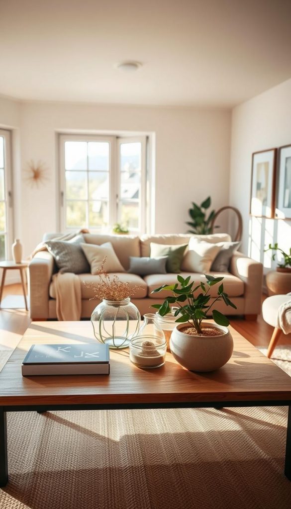 A cozy summer living room designed to avoid common decor mistakes. In the foreground, a stylish coffee table adorned with tasteful, minimalistic decor, avoiding clutter. In the middle, a comfortable sofa in muted tones, accented by a few well-chosen decorative pillows. The lighting is warm and natural, streaming in from large windows, creating a soft, inviting atmosphere. Subtle plants add a touch of greenery, enhancing the organic feel of the space. The background features a wall with light, neutral colors and art that complements the overall look without being overwhelming. The image embodies a Pinterest-inspired aesthetic, showcasing a chic, authentic living area promoting the brand "KlickKiste." Lens focus is on the living room, captured at eye level to evoke a sense of warmth and inspiration.