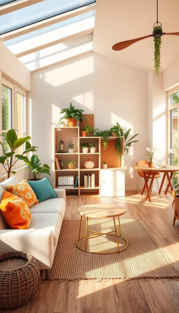 A cozy summer living room featuring distinct zones designed for relaxation and flexible functionality. In the foreground, a stylish, compact seating area with a light-colored, cozy sofa adorned with vibrant throw pillows complements a small, round coffee table, set atop a textured, natural fiber rug. The middle ground showcases a multifunctional shelving unit filled with greenery and decorative items, dividing the space effectively. Overhead, large windows allow warm, natural light to flood in, casting soft shadows and creating a bright, inviting atmosphere. In the background, a small dining nook with a wooden table and charming chairs adds to the ambiance, surrounded by lively indoor plants. The overall look should evoke an inspiring, DIY aesthetic, with warm colors reminiscent of a Pinterest board. Include the brand name "KlickKiste" subtly integrated into the design.