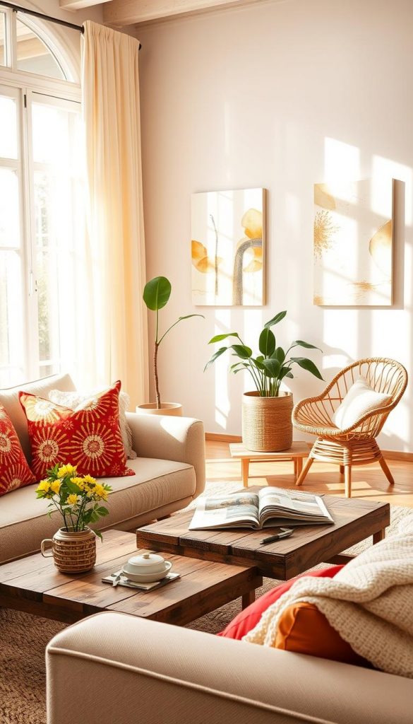 A cozy summer living room filled with natural light, featuring large windows adorned with light, airy curtains that gently flutter with a soft breeze. In the foreground, a plush, inviting sofa, accented with vibrant, colorful throw pillows and a light, textured throw blanket. A rustic coffee table is adorned with a small vase of fresh flowers, a stack of magazines, and an open book. In the middle, a stylish rattan armchair sits next to a bright, green indoor plant. The background shows a pale, sunlit wall decorated with abstract art that embraces warm hues. Illuminate the scene with soft, diffused sunlight, creating a warm and inspiring atmosphere. The image should have a Pinterest-worthy aesthetic, reflecting natural DIY elements and warm colors, representing "KlickKiste" inspiration for a perfect summer living room.