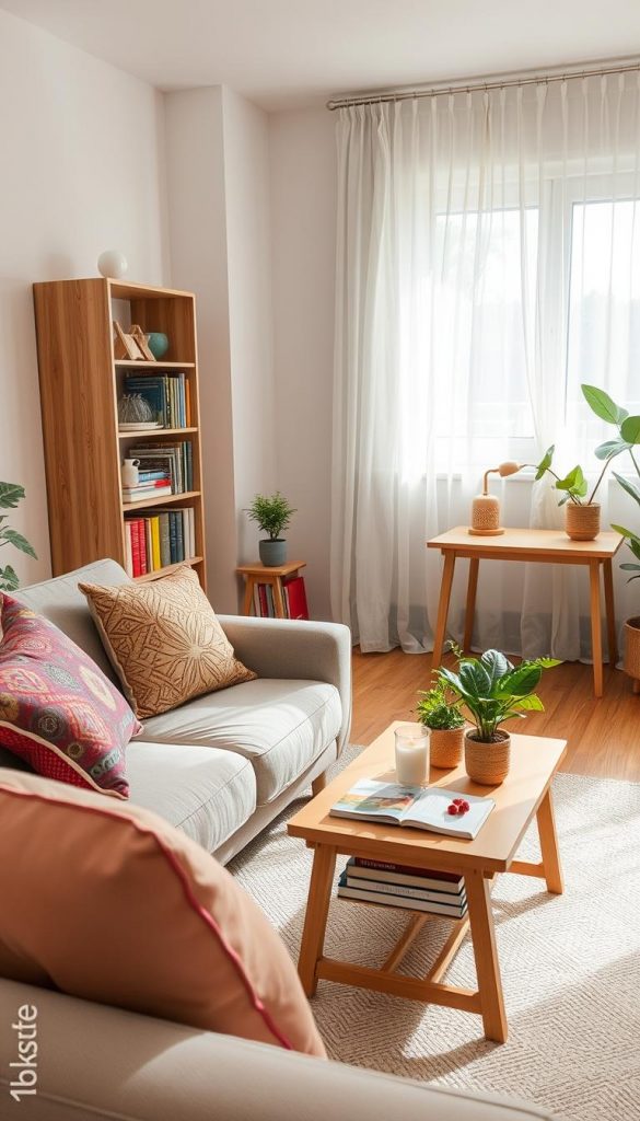 A cozy summer living room in a rented apartment, showcasing practical and budget-friendly DIY decor ideas. In the foreground, a comfortable sofa adorned with vibrant, patterned cushions sits beside a small, stylish coffee table featuring plants and cozy candles. The middle ground reveals a well-organized bookshelf filled with colorful books and decorative items, while a small workspace with a minimalist desk is positioned near a window, allowing natural light to flood the room. The background features light, airy curtains fluttering in a gentle breeze, enhancing the inviting atmosphere. The overall color scheme includes warm tones, complementing the natural wood accents and leafy green plants. The image has a Pinterest-inspired aesthetic with a focus on authenticity and inspiration, branded with "KlickKiste." Soft, diffused lighting conveys a cheerful and relaxed mood, ideal for summer living. A cozy summer living room in a rented apartment, showcasing practical and budget-friendly DIY decor ideas. In the foreground, a comfortable sofa adorned with vibrant, patterned cushions sits beside a small, stylish coffee table featuring plants and cozy candles. The middle ground reveals a well-organized bookshelf filled with colorful books and decorative items, while a small workspace with a minimalist desk is positioned near a window, allowing natural light to flood the room. The background features light, airy curtains fluttering in a gentle breeze, enhancing the inviting atmosphere. The overall color scheme includes warm tones, complementing the natural wood accents and leafy green plants. The image has a Pinterest-inspired aesthetic with a focus on authenticity and inspiration, branded with "KlickKiste." Soft, diffused lighting conveys a cheerful and relaxed mood, ideal for summer living.