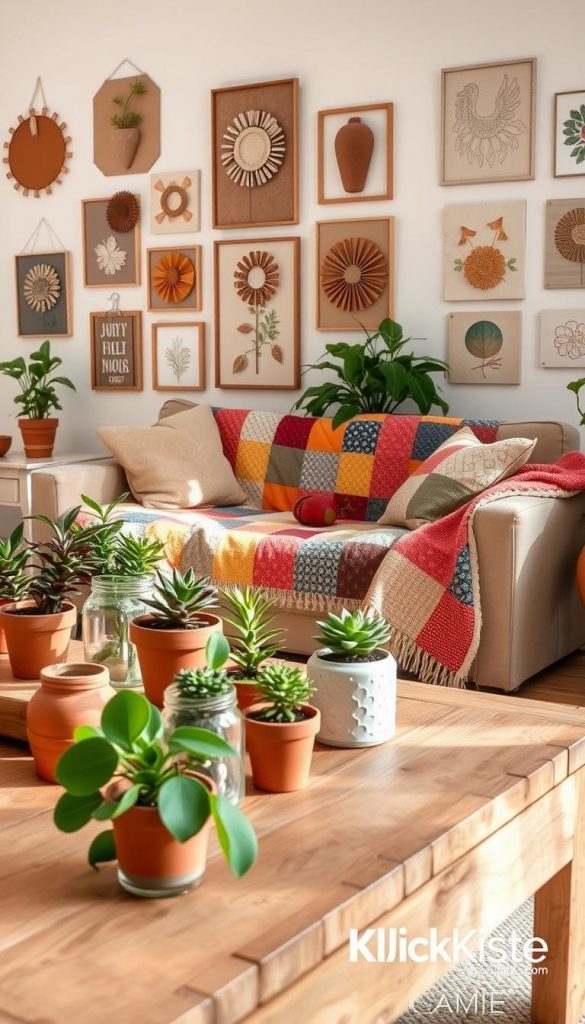 A cozy summer living room scene showcasing budget-friendly and sustainable decor through upcycling. In the foreground, a stylish, repurposed wooden coffee table is adorned with potted plants created from recycled glass jars, alongside hand-painted terracotta pots. In the middle, a sofa draped with a colorful, patchwork quilt made from upcycled fabrics creates an inviting atmosphere. The background features a wall decorated with framed DIY artworks, including paper crafts and upcycled canvas boards, all in warm earthy tones. A soft, natural light streams in through a nearby window, casting gentle shadows. The mood is authentic and inspiring, reflecting a Pinterest-worthy aesthetic. The brand "KlickKiste" is subtly integrated into the scene as part of the decor.