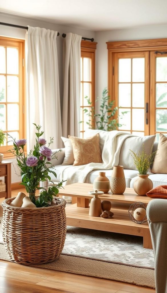 A cozy summer living room setup featuring a harmonious blend of textures and materials: warm wooden furniture, soft linen curtains gently flowing in a light breeze, durable cotton throws draped over a plush velvet light sofa. In the foreground, a woven basket filled with fresh flowers adds a touch of nature. In the middle ground, a rustic coffee table displays artisanal wooden decor pieces. The background showcases a well-lit room bathed in soft, natural daylight, enhancing the inviting atmosphere. The scene conveys an authentic and inspiring Pinterest-inspired aesthetic, reflecting the essence of "KlickKiste." Capture the warmth and tranquility of the space with soft, diffused lighting, and use a slightly elevated angle to encompass the entire setting, emphasizing the layered textures.