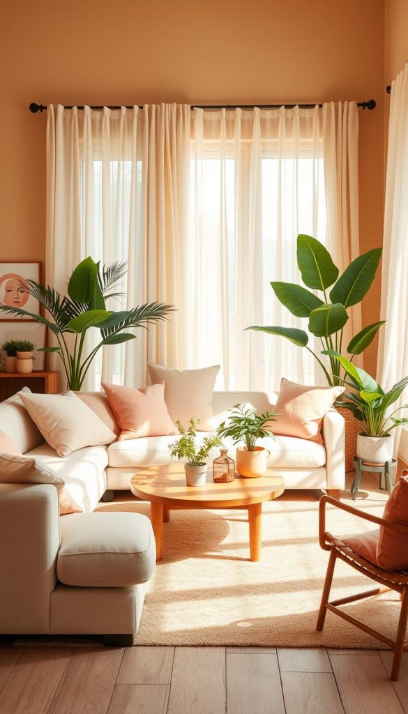 A cozy summer living room space filled with warm tones, featuring a color palette of cr&egrave;me, sand, salbeigr&uuml;n, and peach. In the foreground, a soft cr&egrave;me sofa adorned with peach cushions creates an inviting atmosphere. The middle layer showcases a wooden coffee table with a natural finish, surrounded by potted plants in serene salbeigr&uuml;n and decorative art pieces in peach accents. The background features a large window with flowing sheer curtains allowing gentle sunlight to illuminate the room, casting soft shadows across the warm sand-colored walls. The overall mood is relaxed and inviting, with a touch of elegance. Captured with a wide-angle lens to enhance the spaciousness, reflecting a natural DIY aesthetic with a Pinterest-inspired look. Create a harmonious scene that symbolizes summer warmth and comfort, branded with "KlickKiste".