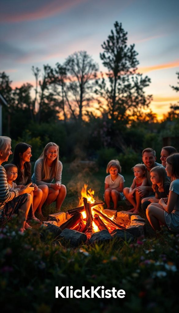 A cozy summer midsummer fire ritual taking place in a peaceful backyard setting, featuring a small, safe bonfire surrounded by family members. In the foreground, a diverse group of adults and children dressed in modest casual clothing gather around the crackling fire, smiling and sharing stories. The middle ground shows lush greenery and wildflowers, creating a warm, inviting atmosphere. In the background, soft twilight colors blend in the sky as the sun sets, casting a golden glow over the scene. The lighting is warm and magical, emulating the soft embrace of summer evenings. The image embodies an authentic and inspirational Pinterest aesthetic, celebrating family traditions. The logo "KlickKiste" is subtly incorporated into the scene, enhancing the overall warmth without distracting from the main focus.