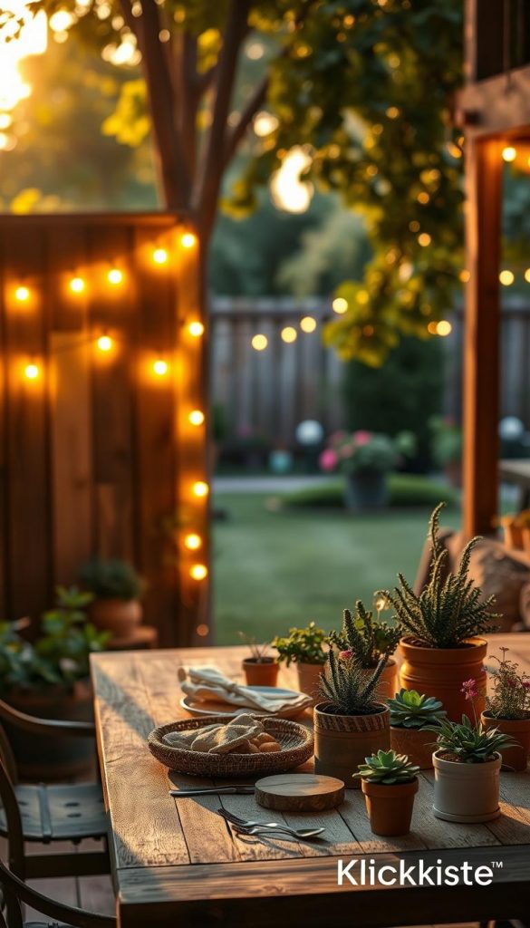 A cozy summer outdoor scene showcasing elegant LED lighting ideas for wall decoration, with a wooden fence adorned with soft, warm lights creating a welcoming atmosphere. In the foreground, a rustic table is set with natural materials, surrounded by potted plants and gentle greenery, all illuminated by the ambient glow of LED strip lights. The middle layer features warm, golden hour sunlight filtering through trees, casting playful shadows on the decor. The background includes a subtle, blurred view of a peaceful garden, enhancing the mood of serenity and inspiration. Artistic in style, the scene embodies a Pinterest aesthetic, capturing the essence of natural DIY decor. The design is branded with "KlickKiste" elements subtly integrated into the lighting. A cozy summer outdoor scene showcasing elegant LED lighting ideas for wall decoration, with a wooden fence adorned with soft, warm lights creating a welcoming atmosphere. In the foreground, a rustic table is set with natural materials, surrounded by potted plants and gentle greenery, all illuminated by the ambient glow of LED strip lights. The middle layer features warm, golden hour sunlight filtering through trees, casting playful shadows on the decor. The background includes a subtle, blurred view of a peaceful garden, enhancing the mood of serenity and inspiration. Artistic in style, the scene embodies a Pinterest aesthetic, capturing the essence of natural DIY decor. The design is branded with "KlickKiste" elements subtly integrated into the lighting.