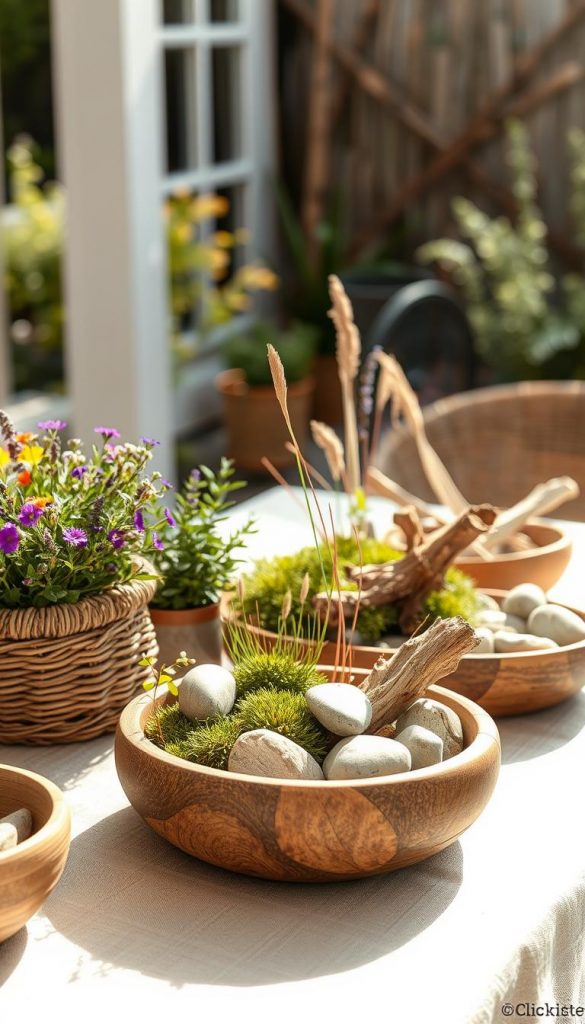 A cozy summer scene capturing a collection of natural materials used for decoration, emphasizing a budget-friendly yet stylish approach. In the foreground, display woven baskets filled with vibrant wildflowers and herbs, alongside rustic wooden bowls holding polished stones and driftwood. The middle ground features a DIY arrangement of moss, twigs, and dried grasses artfully displayed on a natural linen tablecloth, showcasing an elegant yet sustainable aesthetic. The background is gently blurred, depicting a sunlit outdoor space with greenery, enhancing the atmosphere of warmth and authenticity. Soft, golden lighting bathes the scene, creating an inviting vibe. The image should evoke a Pinterest-worthy look, embodying the essence of "KlickKiste" through its earthy tones and appealing textures, capturing an inspiring summer decoration idea.
