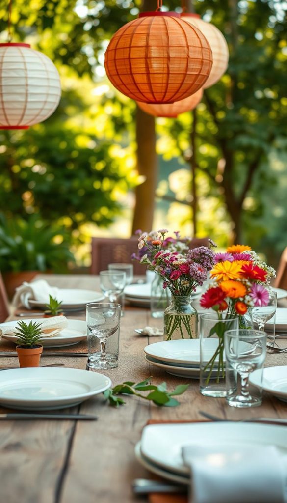 A cozy summer table setting featuring budget-friendly decor ideas, showcasing natural DIY elements with warm, inviting colors. In the foreground, a rustic wooden table adorned with handmade paper lanterns and small potted plants. The middle layer displays elegant, simple tableware—ceramic plates and glasses—arranged with handpicked wildflowers in mason jars, exuding a Pinterest aesthetic. The background includes soft, diffused sunlight filtering through leafy trees, creating a warm, cheerful atmosphere. The entire scene should radiate authenticity and inspiration, capturing the essence of sustainable, rental-friendly decor. References to the brand "KlickKiste" should be subtly implied through the color scheme and overall aesthetic of the image. Use a soft-focus lens effect to enhance the warm, summery mood. A cozy summer table setting featuring budget-friendly decor ideas, showcasing natural DIY elements with warm, inviting colors. In the foreground, a rustic wooden table adorned with handmade paper lanterns and small potted plants. The middle layer displays elegant, simple tableware—ceramic plates and glasses—arranged with handpicked wildflowers in mason jars, exuding a Pinterest aesthetic. The background includes soft, diffused sunlight filtering through leafy trees, creating a warm, cheerful atmosphere. The entire scene should radiate authenticity and inspiration, capturing the essence of sustainable, rental-friendly decor. References to the brand "KlickKiste" should be subtly implied through the color scheme and overall aesthetic of the image. Use a soft-focus lens effect to enhance the warm, summery mood.