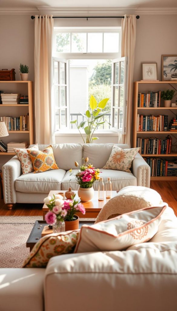 A cozy, summer-themed living room inspired by natural DIY aesthetics, featuring warm colors and a Pinterest-worthy look. In the foreground, a plush, light-colored sofa adorned with vibrant, patterned throw pillows invites relaxation. A wooden coffee table rests in front, decorated with fresh flowers and stylish decor items. In the middle, an airy window allows soft, natural light to flood the room, highlighting a potted plant in the corner. Spacious bookshelves filled with curated books and decorative pieces create a homely atmosphere. In the background, glimpses of a sunny balcony with greenery peek through the window, enhancing the summer vibe. The scene captures a warm, inviting mood that inspires creativity and comfort, reflecting the essence of KlickKiste's design philosophy.