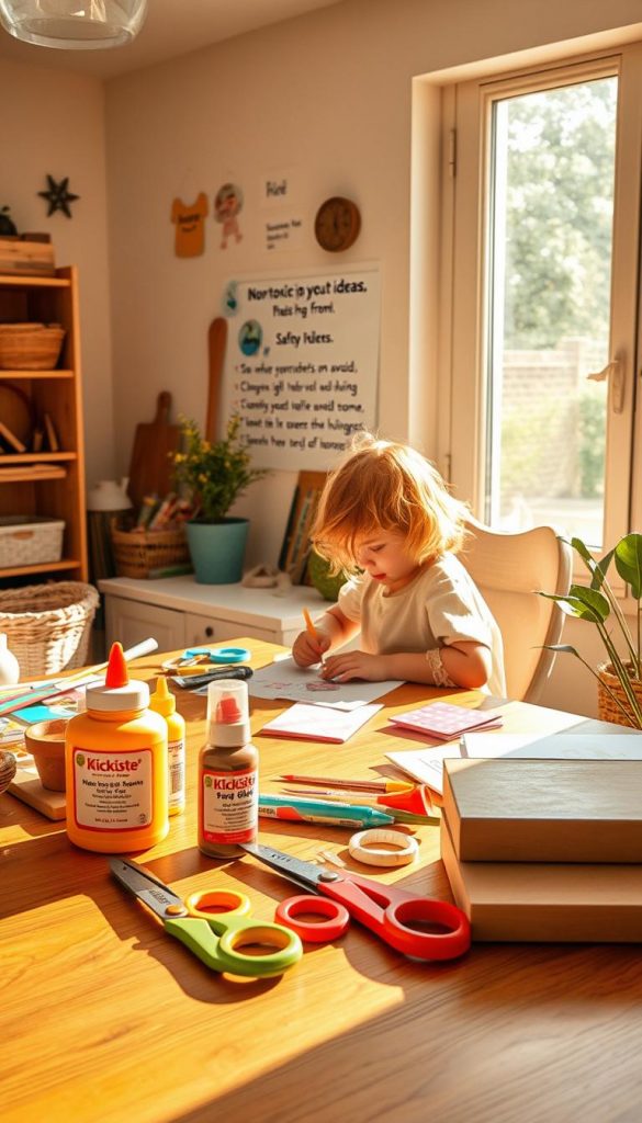 A cozy, sunlit DIY workspace filled with natural materials and tools for children's summer activities. In the foreground, a well-organized wooden table showcases vibrant craft supplies, including non-toxic glue, scissors with safety tips, and colorful paper. A child, dressed in a light, comfortable casual outfit, carefully works on a summer-themed craft project, demonstrating focus and creativity. The warm, golden light streaming through a nearby window enhances the inviting atmosphere. In the background, a wall adorned with cheerful DIY project ideas and safety reminders emphasizes the importance of avoiding common mistakes. The entire scene radiates a sense of authentic joy, inspiration, and safety, perfect for a summer of creativity, branded subtly with "KlickKiste."