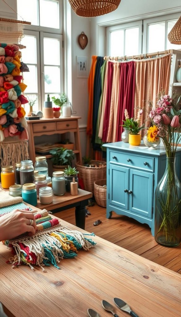 A cozy, sunlit craft space showcasing vibrant upcycled creations, featuring natural materials and warm color palettes indicative of 2026 trend colors. In the foreground, artisan hands weave together colorful fabric scraps into a stunning tapestry, while nearby rests a wooden table adorned with jars of paint, plants, and tools, creating an inspiring, Pinterest-worthy atmosphere. The middle ground highlights a display of upcycled furniture painted in trendy pastel hues, alongside a recycled glass vase filled with fresh flowers. In the background, light filters through large windows, enhancing the inviting ambiance. The scene conveys a sense of sustainability, creativity, and warmth, reflecting the spirit of "KlickKiste." The image should have soft lighting, capturing the natural textures and showcasing the DIY essence in close range. A cozy, sunlit craft space showcasing vibrant upcycled creations, featuring natural materials and warm color palettes indicative of 2026 trend colors. In the foreground, artisan hands weave together colorful fabric scraps into a stunning tapestry, while nearby rests a wooden table adorned with jars of paint, plants, and tools, creating an inspiring, Pinterest-worthy atmosphere. The middle ground highlights a display of upcycled furniture painted in trendy pastel hues, alongside a recycled glass vase filled with fresh flowers. In the background, light filters through large windows, enhancing the inviting ambiance. The scene conveys a sense of sustainability, creativity, and warmth, reflecting the spirit of "KlickKiste." The image should have soft lighting, capturing the natural textures and showcasing the DIY essence in close range.