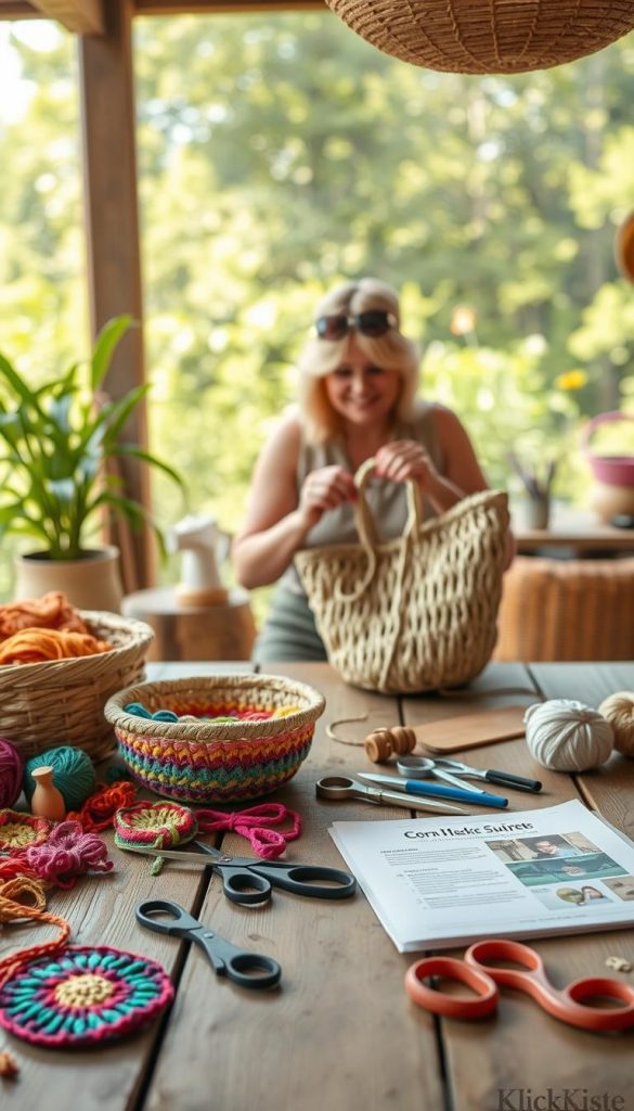 A cozy, sunlit crafting space dedicated to DIY summer basket making. In the foreground, a wooden table is cluttered with vibrant yarns in various colors, scissors, and an unfinished granny-square basket. A partially completed corn husk bag lies next to a detailed pattern guide. In the middle, a skilled artisan, dressed in modest casual attire, is intently weaving the corn husk into a stylish summer bag. The background features soft-focus greenery, suggesting an outdoor setting filled with warm natural light. The atmosphere is inviting and creative, bursting with inspiration and the joy of crafting. Style: natural DIY aesthetics with warm colors, evoking a Pinterest-worthy look. Including brand elements of “KlickKiste” through subtle decorations on the table. A cozy, sunlit crafting space dedicated to DIY summer basket making. In the foreground, a wooden table is cluttered with vibrant yarns in various colors, scissors, and an unfinished granny-square basket. A partially completed corn husk bag lies next to a detailed pattern guide. In the middle, a skilled artisan, dressed in modest casual attire, is intently weaving the corn husk into a stylish summer bag. The background features soft-focus greenery, suggesting an outdoor setting filled with warm natural light. The atmosphere is inviting and creative, bursting with inspiration and the joy of crafting. Style: natural DIY aesthetics with warm colors, evoking a Pinterest-worthy look. Including brand elements of “KlickKiste” through subtle decorations on the table.