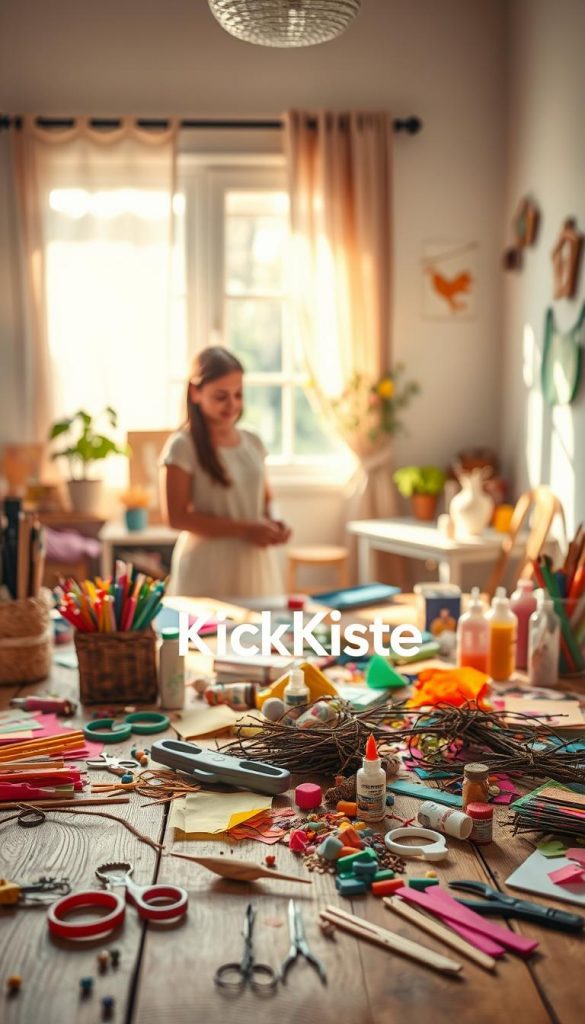 A cozy, sunlit crafting space filled with various DIY materials and tools, perfect for summer projects. In the foreground, a wooden table strewn with colorful craft supplies: scissors, glue, vibrant paper, and natural elements like twigs and flowers. In the middle, a pair of hands (wearing modest summer attire) enthusiastically sorting through the materials, radiating creativity. The background features sunny, soft-focus elements like a window with sheer curtains, allowing warm light to flood in, and a few playful decorations like child-friendly art pieces hanging on the wall. The overall atmosphere is inviting and inspiring, reminiscent of a Pinterest aesthetic. Showcase the brand name "KlickKiste" subtly within the scene.