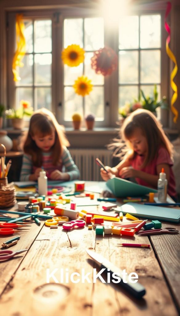 A cozy, sunlit crafting space filled with vibrant, colorful materials scattered on a rustic wooden table. In the foreground, a set of neatly organized tools, such as scissors, glue, and paints, hints at creativity while avoiding common pitfalls in DIY projects. The middle ground features two children, dressed in cheerful, modest casual clothing, intently engaged in crafting a summer-themed project, showcasing focus and enthusiasm. In the background, large windows let in warm, golden sunlight, illuminating cheerful decorations like paper flowers and bright streamers. The atmosphere is inviting and inspiring, promoting a sense of relaxation and joy in DIY crafting moments. A softly blurred logo of "KlickKiste" subtly integrates with the warm tones, emphasizing a brand connection without overpowering the scene.