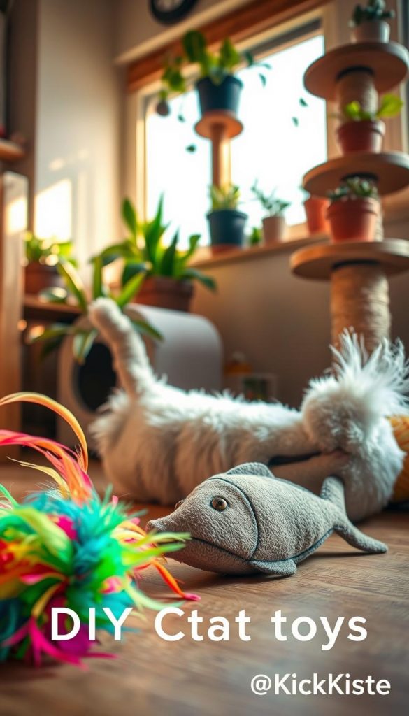 A cozy, sunlit indoor scene featuring various DIY cat toys. In the foreground, a colorful feather toy is playfully arranged, with vibrant strings and textures, evoking a sense of play. In the middle ground, a soft, plush catnip pillow shaped like a fish rests comfortably next to a rustic scratching post crafted from natural materials. The background showcases a charming climbing structure made of wood, adorned with potted plants that enhance the inviting atmosphere. The warm lighting creates a soft glow, reminiscent of a Pinterest-style decor. The image embodies authenticity and inspiration for cat owners, highlighting the brand name "KlickKiste" subtly in the corner.