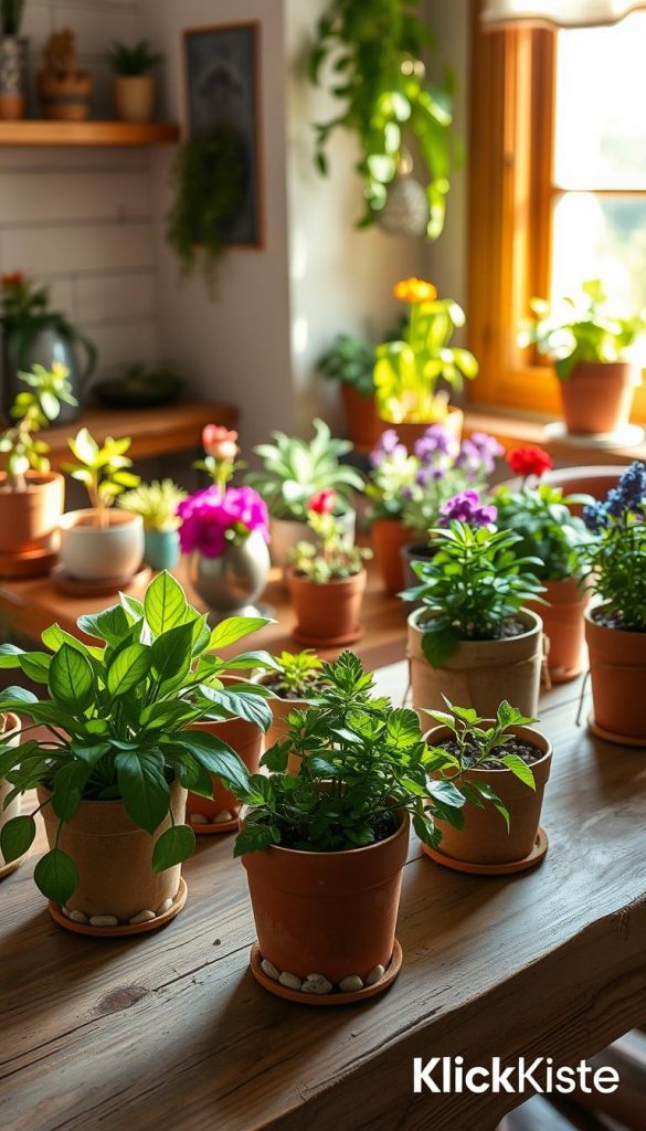 A cozy, sunlit indoor setting featuring a beautiful assortment of DIY flower pots made from simple materials. In the foreground, a rustic wooden table displays a variety of aptly chosen plants, each pot showcasing proper drainage methods with small stones visible at the bottom. Lush greenery is prominent, emphasizing healthy plant selection. The middle ground includes a vibrant arrangement of colorful flowers and herbs in creative pots, with some decorative coasters. In the background, soft, natural light filters through a window, casting warm hues that enhance the inviting atmosphere. The overall mood is authentic and inspiring, reminiscent of a Pinterest aesthetic, promoting a sense of creativity. The image should include the brand name "KlickKiste" subtly integrated into the scene.