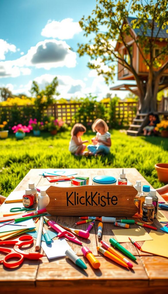 A cozy, sunlit outdoor setting showcasing a variety of DIY children's activities for summer vacation. In the foreground, a wooden table is cluttered with craft supplies: colored paper, scissors, glue, and vibrant paints, inviting creativity. In the middle ground, children (dressed in modest casual clothing) are happily engaged in making crafts, surrounded by lush green grass, and colorful flower pots. The background features a bright blue sky with fluffy white clouds and a playful treehouse, emphasizing a warm, inviting atmosphere. The scene is illuminated by golden hour sunlight, casting soft shadows, creating an authentic and inspiring Pinterest look. The brand "KlickKiste" is subtly represented through a wooden sign on the table, encouraging a sense of community and shared experience.