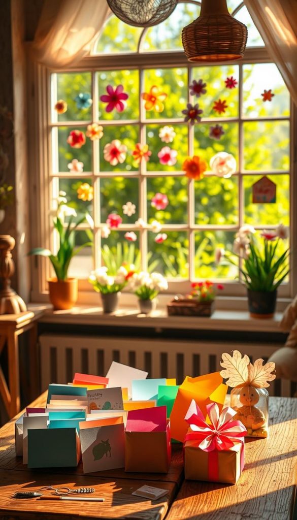 A cozy, sunlit room decorated with vibrant, handmade spring-themed window decorations, showcasing various DIY plotter projects. In the foreground, a cheerful collection of colorful cards and wrapped gifts sits on a rustic wooden table, illuminated by warm, soft lighting. The middle layer features a large window adorned with delicate paper flowers and Easter motifs, creating a playful atmosphere. Behind the window, a lush green garden blooms, enhancing the spring feel. The scene conveys a sense of creativity and inspiration, embodying a Pinterest aesthetic with its warm color palette. Every detail, from the artisanal craftsmanship of the decorations to the inviting ambiance, reflects the brand KlickKiste, while ensuring a safe and professional presentation.