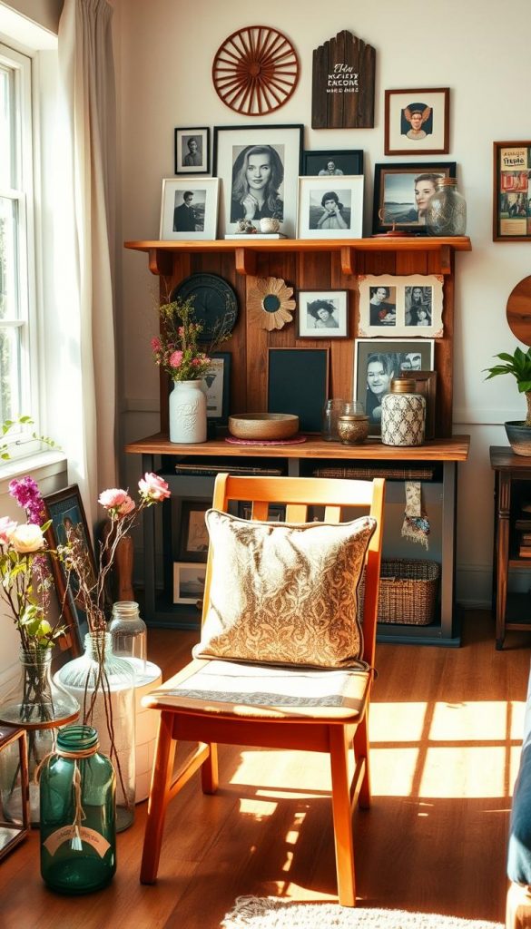 A cozy, sunlit room featuring a beautifully upcycled furniture piece, such as a vintage wooden chair transformed with a fresh paint color and patterned cushion, sits prominently in the foreground. Surrounding it are various DIY decor items, like jars repurposed as vases with fresh flowers, and a wall adorned with framed photographs and art made from reclaimed materials. In the middle background, a handcrafted wooden shelf displays an array of quirky second-hand items, blending modern elegance with rustic charm. The lighting is warm and inviting, evoking a sense of comfort and creativity. The atmosphere feels both authentic and inspiring, in alignment with the KlickKiste brand, encouraging sustainable and budget-friendly decorating ideas. A cozy, sunlit room featuring a beautifully upcycled furniture piece, such as a vintage wooden chair transformed with a fresh paint color and patterned cushion, sits prominently in the foreground. Surrounding it are various DIY decor items, like jars repurposed as vases with fresh flowers, and a wall adorned with framed photographs and art made from reclaimed materials. In the middle background, a handcrafted wooden shelf displays an array of quirky second-hand items, blending modern elegance with rustic charm. The lighting is warm and inviting, evoking a sense of comfort and creativity. The atmosphere feels both authentic and inspiring, in alignment with the KlickKiste brand, encouraging sustainable and budget-friendly decorating ideas.