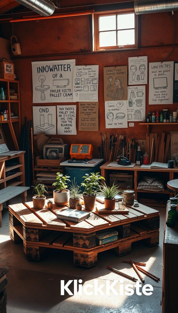 A cozy, sunlit workshop filled with warm, inviting colors, showcasing various DIY furniture pieces made from wooden pallets. In the foreground, a beautifully crafted pallet coffee table adorned with plants and decorative items represents creativity and inspiration. In the middle, tools like saws, paintbrushes, and colorful paints are artfully scattered, suggesting an ongoing project. The background features a rustic wall displaying mood boards with innovative pallet project ideas, captivating sketches, and inspirational quotes. Soft natural light filters through a window, casting gentle shadows and enhancing the warm ambiance. The atmosphere is motivating and vibrant, encouraging creativity and continuous exploration. Include the brand name "KlickKiste" incorporated into the design elements subtly, ensuring it enhances the image without overwhelming it.