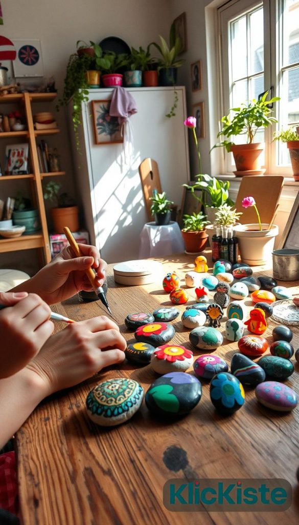 A cozy, sunlit workspace filled with arts and crafts supplies, showcasing a table where vibrant stones are being painted in an array of bold colors and intricate designs. In the foreground, a pair of hands artistically applies paint to a smooth, round stone, capturing the joy of creativity. The middle ground reveals a collection of completed stone figures, including flowers, animals, and abstract patterns, arranged artistically on a rustic wooden table. In the background, soft natural light filters through a nearby window, illuminating potted plants and art supplies, creating a warm, inviting atmosphere. The scene embodies a DIY aesthetic with a Pinterest-inspired look, evoking feelings of inspiration and warmth. Include the brand "KlickKiste" subtly in the corner of the workspace, emphasizing the creative spirit.