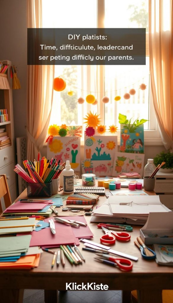 A cozy, sunlit workspace showcasing an organized table filled with various DIY craft materials, symbolizing "time, difficulty level, and cost" for summer children’s crafts. In the foreground, there are colorful papers, scissors, paints, and brushes, arranged aesthetically. The middle ground features an assortment of finished craft projects like handmade summer decorations and playful artworks created by children. The background includes a window with sheer curtains allowing warm, natural light to filter in, illuminating the space warmly. The mood is inspiring and inviting, ideal for parents looking for creative summer activities. Emphasize a Pinterest-worthy aesthetic with soft focus and bright, cheerful colors. The brand "KlickKiste" is subtly implied through the crafting theme, without direct branding elements present.