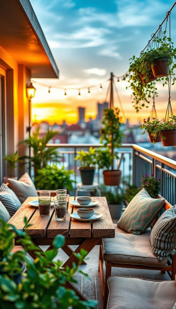 A cozy, sustainable balcony designed for small spaces, adorned with vibrant potted plants and vertical gardens made from recycled materials. In the foreground, a rustic wooden table set with eco-friendly tableware, surrounded by comfortable, minimalistic seating. The middle ground features hanging herb gardens and whimsical garden lights, casting a warm glow. In the background, a soft-focus urban skyline at sunset, providing a serene yet inspiring atmosphere. The scene captures natural DIY elements with a warm color palette, evoking a Pinterest-worthy aesthetic. A subtle branding element of "KlickKiste" integrated into plant accessories. The lighting is soft and inviting, enhancing the green, eco-conscious vibe of the space.