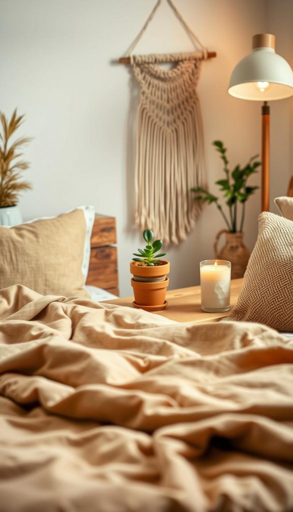 A cozy, sustainable bedroom featuring natural materials as the focal point, showcasing a beautifully crafted wooden bed frame made from reclaimed wood. The foreground includes a plush, organic cotton comforter in earthy tones, with decorative cushions made of linen and jute. In the middle, a handmade wooden nightstand displays a small plant in a terracotta pot and a candle made from soy wax. The background reveals a wall adorned with handmade macramé art and warm, soft lighting from a vintage-style lamp. The scene is bright and inviting, reflecting the ethos of eco-conscious living. Capture this setting with a warm color palette and a shallow depth of field for an intimate atmosphere, inspired by KlikKiste's authentic DIY aesthetic. A cozy, sustainable bedroom featuring natural materials as the focal point, showcasing a beautifully crafted wooden bed frame made from reclaimed wood. The foreground includes a plush, organic cotton comforter in earthy tones, with decorative cushions made of linen and jute. In the middle, a handmade wooden nightstand displays a small plant in a terracotta pot and a candle made from soy wax. The background reveals a wall adorned with handmade macramé art and warm, soft lighting from a vintage-style lamp. The scene is bright and inviting, reflecting the ethos of eco-conscious living. Capture this setting with a warm color palette and a shallow depth of field for an intimate atmosphere, inspired by KlikKiste's authentic DIY aesthetic.
