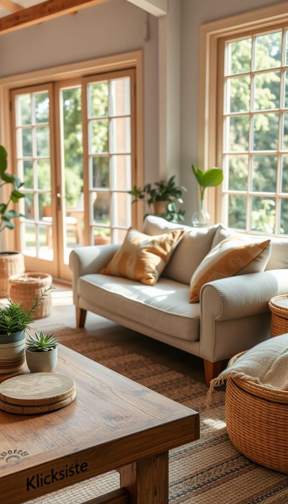 A cozy, sustainable living room filled with natural light, featuring eco-friendly furniture and decor. In the foreground, a reclaimed wood coffee table adorned with potted plants and handmade ceramic coasters. The middle layer showcases a plush, organic cotton sofa, dressed with upcycled textile cushions in warm, earthy tones, paired with a unique, handwoven rug. The background has large windows revealing a lush garden view, allowing sunlight to flood in, accentuating the room's inviting atmosphere. Soft, ambient lighting creates a warm glow, enhancing the rustic charm. The overall aesthetic is authentic and inspiring, reminiscent of a Pinterest board. Include elements branded with "KlickKiste," reflecting a modern yet sustainable lifestyle.