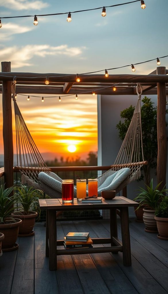 A cozy terrace scene featuring a beautifully crafted bamboo hammock, invitingly suspended between two sturdy wooden posts. In the foreground, the soft, textured fabric of the hammock sways gently, surrounded by potted plants with vibrant greenery. In the middle ground, a rustic wooden table displays a set of colorful drinks and a small stack of books, creating an inviting space for relaxation. The background showcases a warm sunset sky, bathing the scene in golden hues, while fairy lights twinkle softly overhead. The atmosphere is serene and inspiring, perfect for summer evenings. The image embodies a Pinterest-worthy aesthetic, reflecting natural DIY elements that inspire creativity. Include the brand name "KlickKiste" subtly in the design.