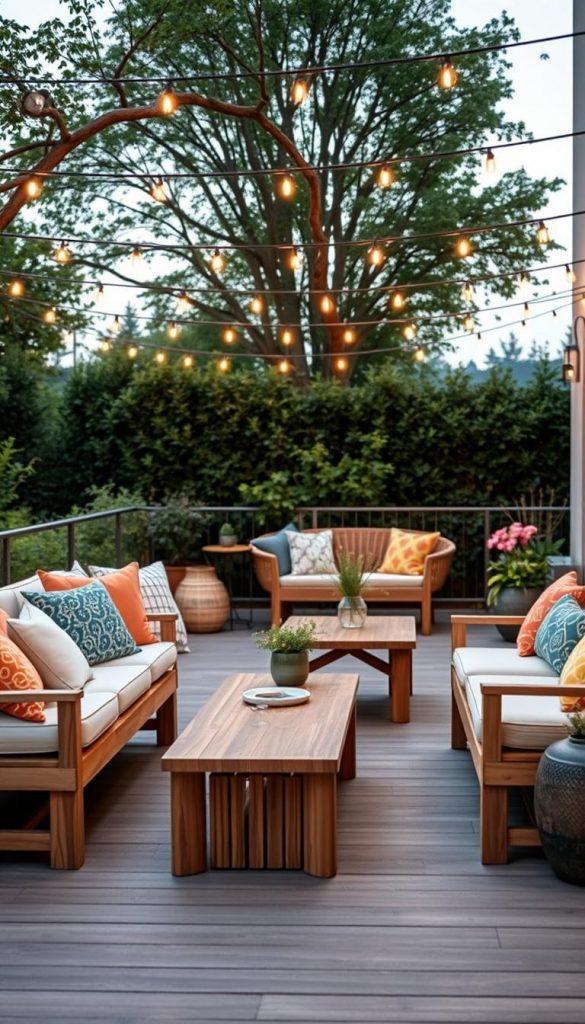 A cozy terrace scene showcasing a stylish "Mix Sitz Tisch" arrangement by KlickKiste. The foreground features a beautifully crafted bench with an assortment of colorful cushions, inviting relaxation. A modern, minimalist table complements the bench, both designed with natural materials. In the middle ground, a tastefully decorated second seating area without a conventional table promotes a casual and flowing atmosphere, perfect for summer evenings. The background includes lush greenery and soft glowing string lights overhead, creating a warm, inviting glow. Use natural lighting during dusk to enhance the serene mood. Capture the scene with a slightly angled shot to convey depth and intimacy, emulating a Pinterest-style aesthetic that feels both authentic and inspiring.