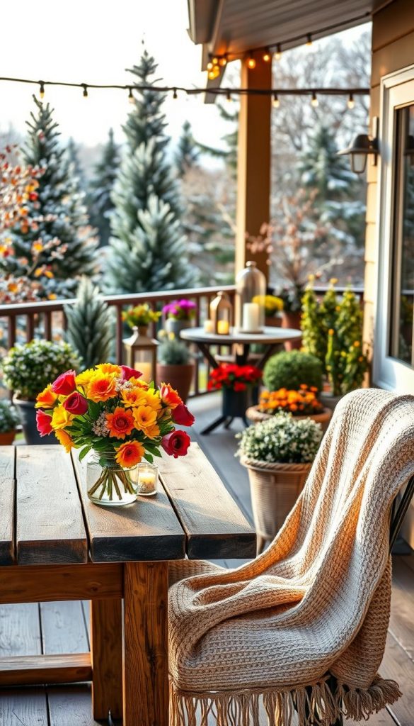 A cozy terrace scene showcasing seasonal decor from spring to winter. In the foreground, a rustic wooden table adorned with a brightly colored spring bouquet, and a soft, knit blanket casually draped over a chair. The middle layer features a dining setup with lanterns glowing softly, surrounded by lush potted plants in bloom, evoking feelings of freshness. The background includes a scenic view of evergreen trees dusted with snow for winter, while hints of autumn leaves' colors blend throughout the scene. Warm, natural lighting creates a welcoming atmosphere, highlighting the textures of the materials. Capture the inspiration of DIY aesthetics with a Pinterest vibe, emphasizing authenticity and warmth. Include subtle branding for "KlickKiste" in the design elements without overt logos. A cozy terrace scene showcasing seasonal decor from spring to winter. In the foreground, a rustic wooden table adorned with a brightly colored spring bouquet, and a soft, knit blanket casually draped over a chair. The middle layer features a dining setup with lanterns glowing softly, surrounded by lush potted plants in bloom, evoking feelings of freshness. The background includes a scenic view of evergreen trees dusted with snow for winter, while hints of autumn leaves' colors blend throughout the scene. Warm, natural lighting creates a welcoming atmosphere, highlighting the textures of the materials. Capture the inspiration of DIY aesthetics with a Pinterest vibe, emphasizing authenticity and warmth. Include subtle branding for "KlickKiste" in the design elements without overt logos.