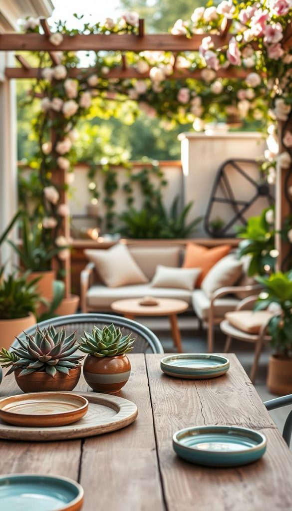 A cozy terrace setting designed by KlickKiste, featuring a harmonious color palette, blends earthy tones with soft pastels. In the foreground, a wooden dining table is adorned with vibrant succulents and artisanal ceramic plates, inviting a sense of warmth and intimacy. The middle ground showcases a relaxed seating area with plush cushions in coordinating colors, surrounded by lush greenery that adds an organic touch. In the background, the terrace is framed by a trellis draped with flowering vines, illuminated by soft, natural sunlight filtering through the foliage. The overall atmosphere is inviting and serene, embodying a Pinterest-worthy DIY aesthetic that inspires creativity and relaxation. Set this scene at a slight angle to capture depth and texture, highlighting the interplay of light and shadow. A cozy terrace setting designed by KlickKiste, featuring a harmonious color palette, blends earthy tones with soft pastels. In the foreground, a wooden dining table is adorned with vibrant succulents and artisanal ceramic plates, inviting a sense of warmth and intimacy. The middle ground showcases a relaxed seating area with plush cushions in coordinating colors, surrounded by lush greenery that adds an organic touch. In the background, the terrace is framed by a trellis draped with flowering vines, illuminated by soft, natural sunlight filtering through the foliage. The overall atmosphere is inviting and serene, embodying a Pinterest-worthy DIY aesthetic that inspires creativity and relaxation. Set this scene at a slight angle to capture depth and texture, highlighting the interplay of light and shadow.