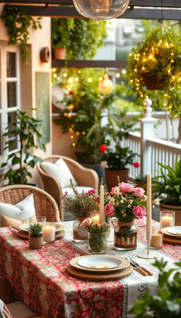 A cozy terrace setting styled for summer decor, featuring a beautifully arranged table adorned with fresh flowers, handmade decorations, and elegant dinnerware. In the foreground, the table is set with a colorful tablecloth and natural elements like potted herbs and candles in glass holders. The middle ground showcases comfortable seating, such as wicker chairs with soft cushions, inviting for relaxation. In the background, lush green plants and hanging fairy lights create a warm, inviting atmosphere. The lighting is soft and golden, evoking a late afternoon glow, perfect for summer evenings. The scene is captured with a slightly elevated angle to encompass the entire setup, emphasizing a warm, Pinterest-worthy aesthetic. This image reflects an authentic and inspiring DIY look by "KlickKiste".