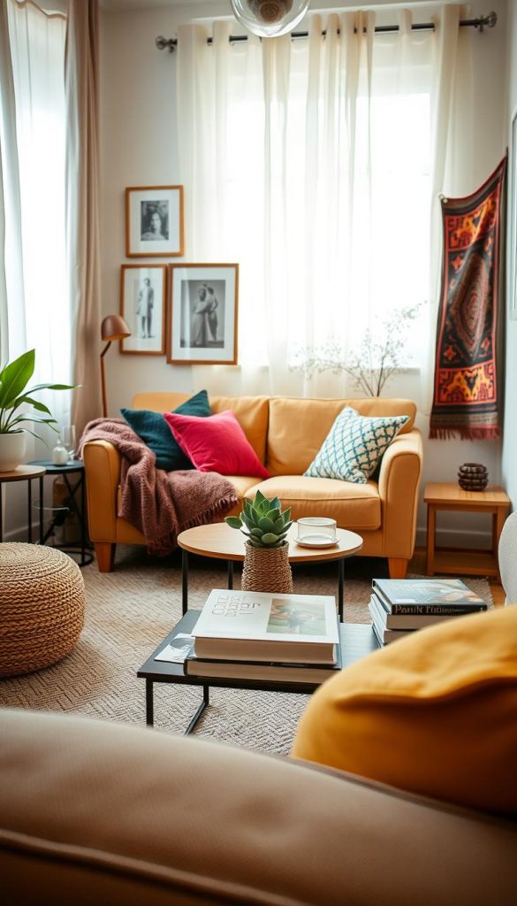 A cozy, transformed small room showcasing a "Mini-Makeover Gestaltung" inspired by the brand "KlickKiste." In the foreground, a beautifully styled living space features a small, plush sofa adorned with vibrant throw pillows and a stylish blanket. The middle ground highlights a chic coffee table with decorative items like a succulent and a stack of design books. The walls are adorned with framed art and a colorful tapestry that adds a warm touch. The background displays soft, natural light streaming through sheer curtains, creating a welcoming atmosphere. The color palette is warm and inviting, with earthy tones and soft pastels that evoke a sense of comfort. Capture the scene from a slightly elevated angle to emphasize the overall layout and aesthetic appeal.